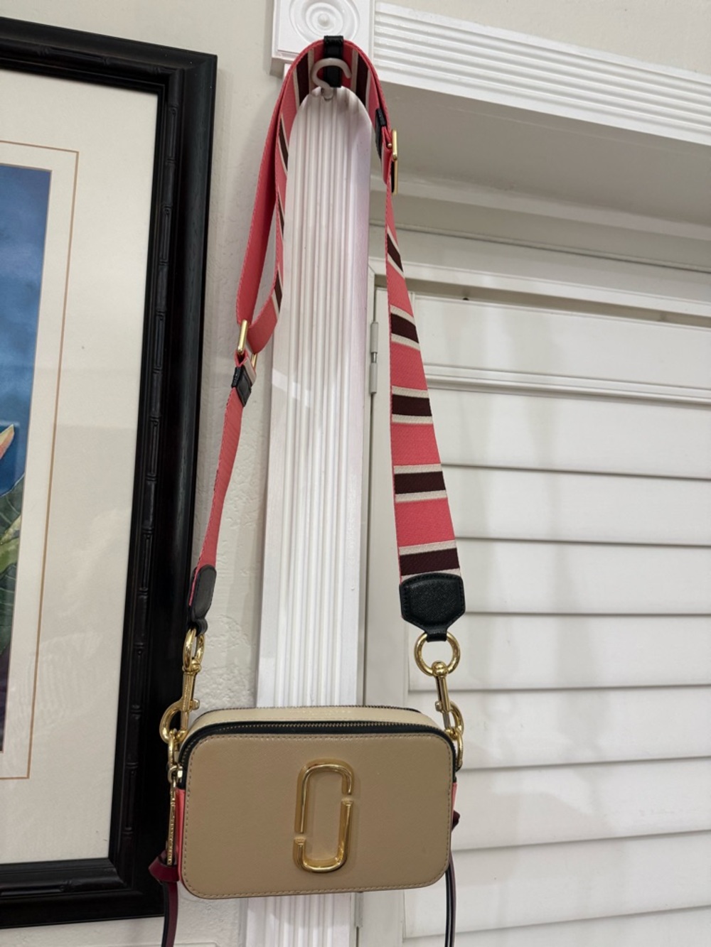 Marc Jacobs Beige Camera Crossbody with Pink-Striped Strap, EUC.